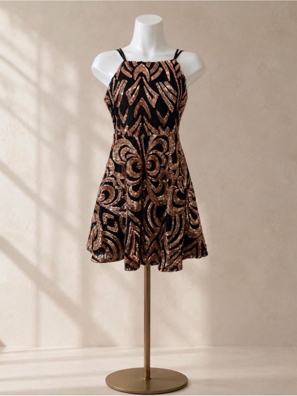 Black and Gold Sequin A-Line Mini Dress